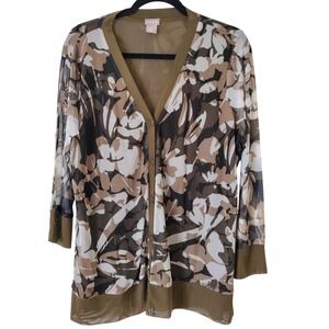 Chicos 2 Petite Mesh‎ Button Front Cardigan Floral Olive Green V-Neck Large